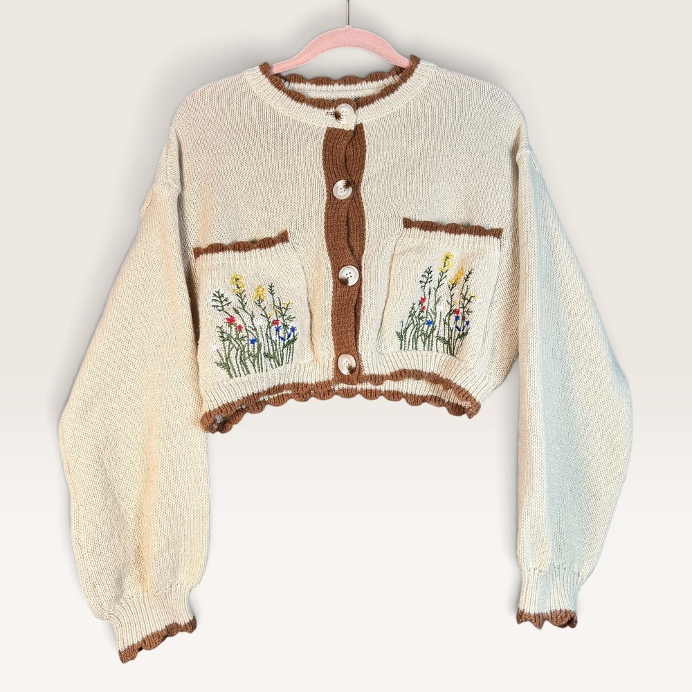 ROMWE Fairycore Floral Embroidery Contrast Binding Bishop Sleeve Cardigan Small